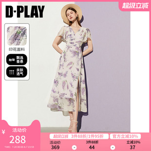 DPLAY夏季 紫色连衣裙女印花裙子海边度假沙滩裙长裙 法式 短袖