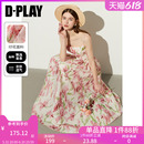 DPLAY2024年夏度假风方领粉色印花胸部分割捏褶设计吊带连衣裙女