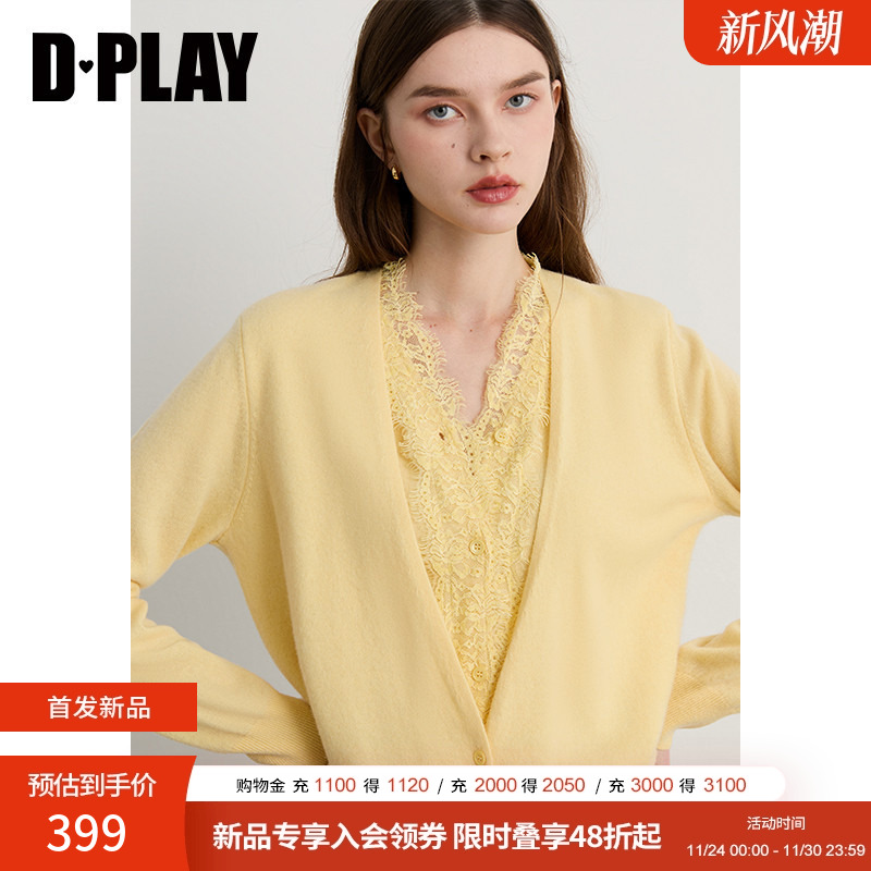 DPLAY2025年冬季新款黄色针织衫女蕾丝100%绵羊毛假两件小衫