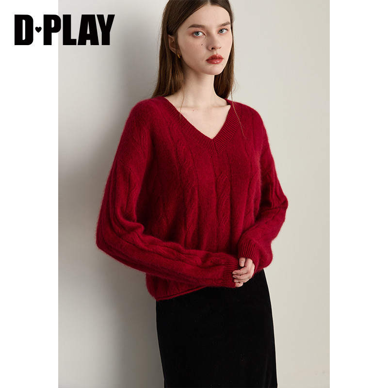 DPLAY冬季新款红色毛衣女麻花v领套头宽松高级好看上衣