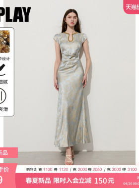 DPLAY2026年夏季新款缎面蓝色印花连衣裙国风新中式长裙时尚裙子