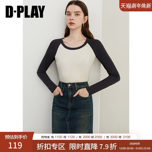 新款 2025春季 白色T恤女撞色宽松时尚 简约打底衫 DPLAY 长袖 惠品