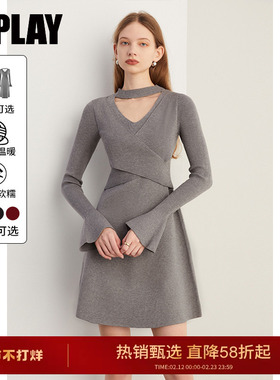 DPLA气质法式灰色毛衣女短款裙子长袖针织连衣裙2026年春