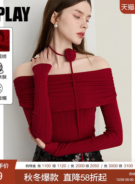 DPLAY2025年秋季新款红色针织衫女一字肩露肩长袖上衣修身打底衫