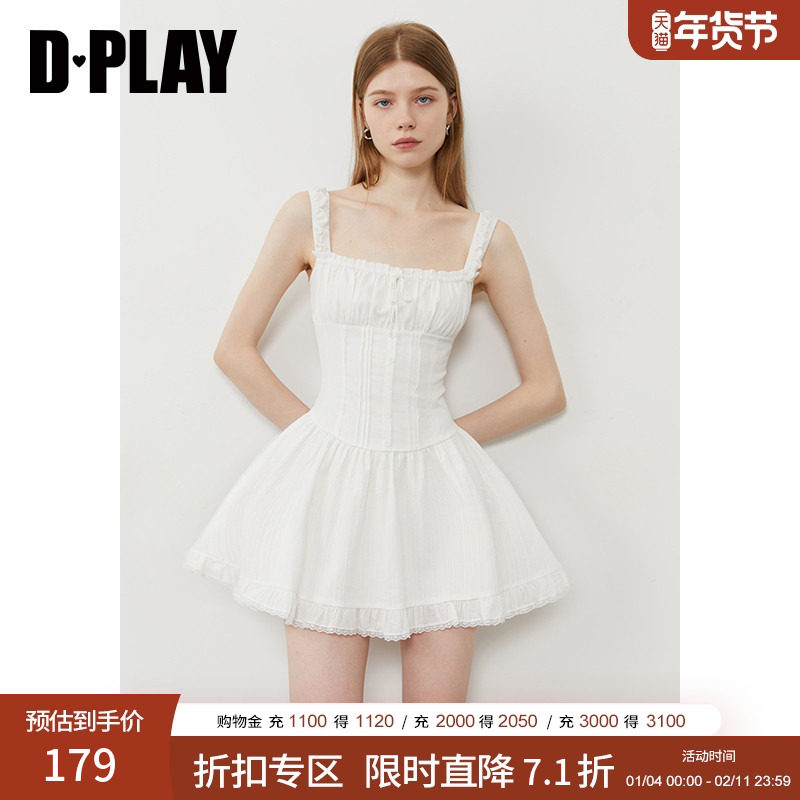 DPLAY2025年夏季新款白色吊带连衣裙女蕾丝拼接蝴蝶结时尚短裙,女装/女士精品,连衣裙,淘宝优惠券,粉丝福利购,淘宝优惠卷