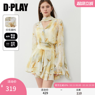 收腰裙子长袖 DPLAY2025年秋季 气质法式 黄色连衣裙女短款 短裙 新款