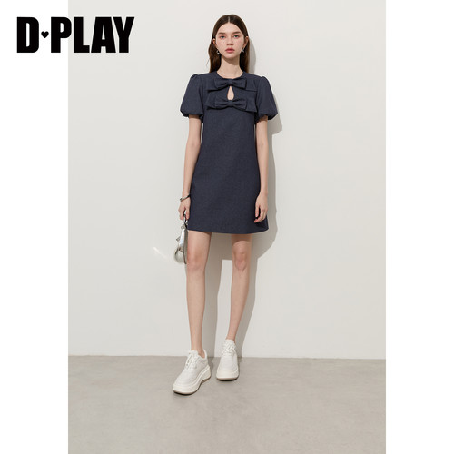 DPLAY藏青色连衣裙法式蝴蝶结泡泡袖宽松A字短款裙子2026年夏季