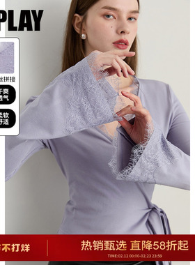 DPLAY2025年秋季新款紫色t恤女修身蕾丝拼接喇叭袖设计长袖上衣