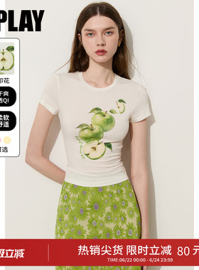 DPLAY【奶皮T】莱赛尔白色修身T恤绿色系青苹果印花女上衣夏新款