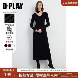 针织连衣裙 风V领黑色可脱卸立体花朵收腰长袖 DPLAY秋季 法式