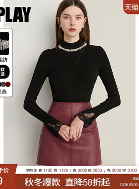 DPLAY2025年秋季新款气质黑色半高领针织衫修身长袖打底衫上衣女