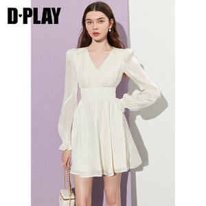 DPLAY秋季新款女装白色气质泡泡袖法式鎏光纱连衣裙收腰裙子