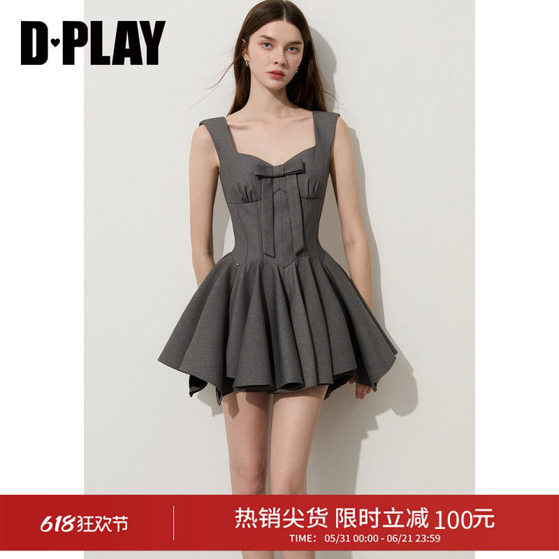 DPLAY【千金衣橱系列】2026年夏季灰色连衣裙女小个子蝴蝶结短裙