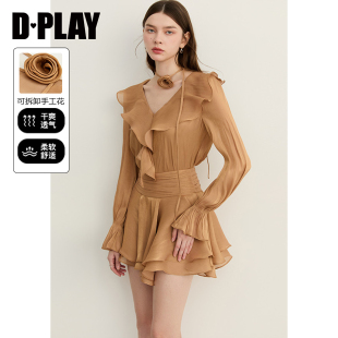 衬衫 DPLAY2026年春季 千金风荷叶边V领长袖 V领法式 上衣女 新款