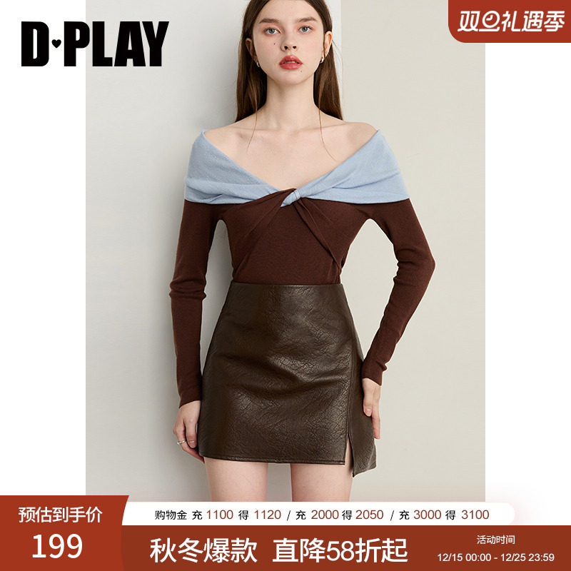 DPLAY2025年秋季新款卡其色针织衫女一字肩蝴蝶结含羊毛羊绒上衣