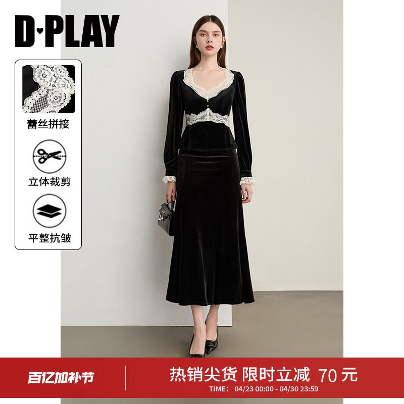 DPLAY秋季新款黑色衬衫女高级蕾丝拼接丝绒衬衫休闲衣服上衣