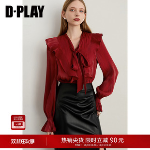 DPLAY秋季新款红色衬衫女荷叶边蝴蝶结系带设计上衣衬衣