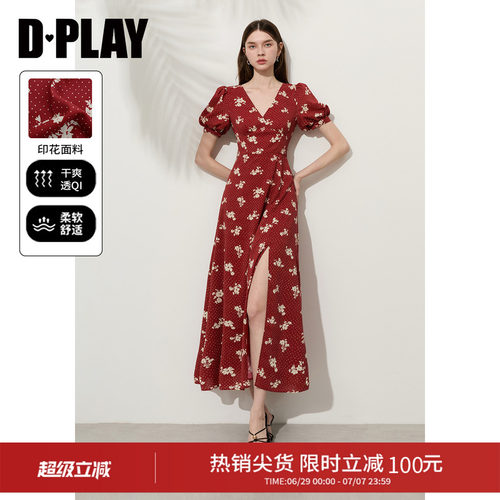 DPLAY【法式茶歇系列】红色印花连衣裙法式泡泡袖裙子2026年夏季