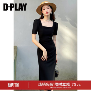 连衣裙小黑裙女 复古黑色侧开衩高腰短袖 DPLAY夏季 气质法式