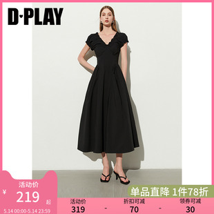 黑色法式 V领芭蕾舞气质短袖 新款 DPLAY2024夏季 连衣裙微胖小黑裙女