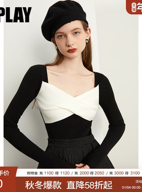 DPLAY2025秋季黑色毛衣熊猫色针织衫方领打底衫内搭女蝴蝶结上衣