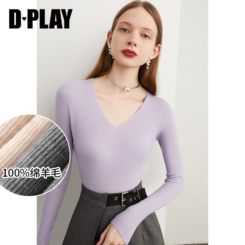 大V领修身长袖羊毛针织衫DPLAY