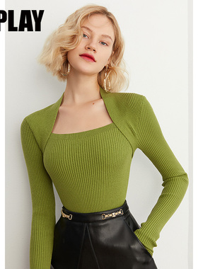 DPLAY秋装新法式复古美背方领上衣气质牛油果绿色包肩针织衫