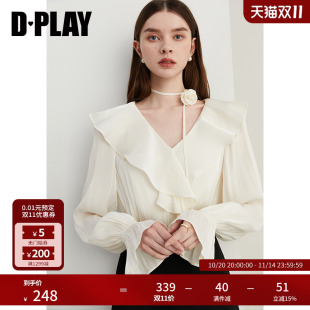 新款 气质长袖 法式 女独特花朵雪纺衫 上衣 白色衬衫 DPLAY2025秋季