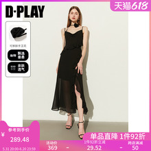 海边度假花朵装 饰荷叶边黑色雪纺吊带裙连衣裙女 DPLAY2024夏新款