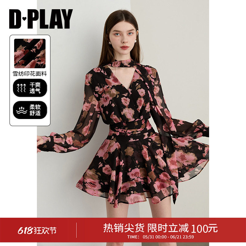 DPLAY2026春季新款粉黑色连衣裙女好看独特法式雪纺裙子长袖短裙