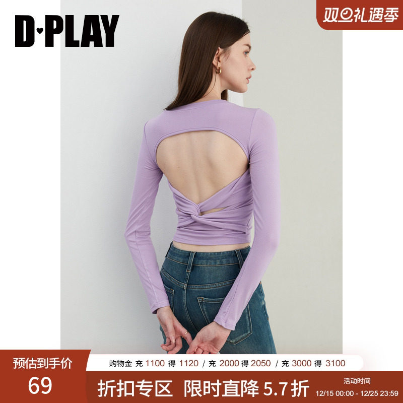 DPLAY长袖通勤圆领露背扭结T恤