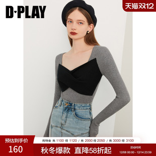 新款 灰色针织衫 时尚 饰修身 立体撞色蝴蝶结装 DPLAY秋装