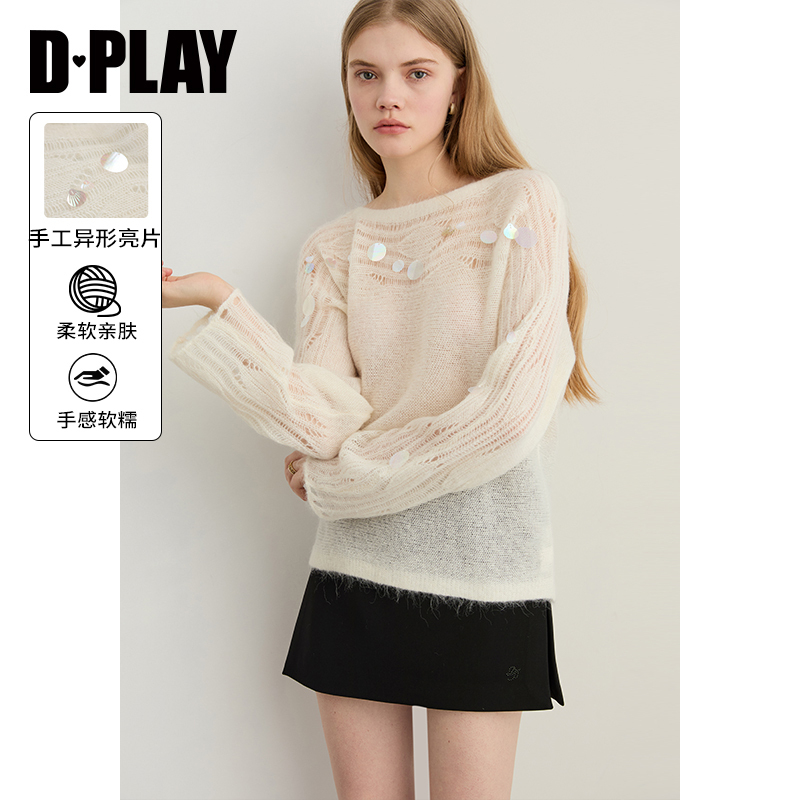 DPLAY2025年秋季新款白色毛衣女宽松慵懒含羊毛羊驼毛上衣针织衫