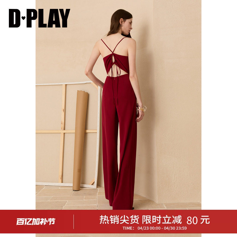 DPLAY红色连体裤女休闲吊带露背系带收腰连身裤2026年夏季新款