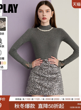 DPLAY2025年冬季新款灰色针织打底衫女内搭气质闪钻袖口蕾丝上衣