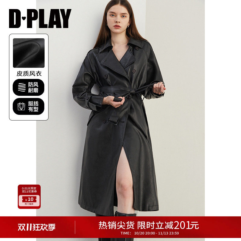 DPLAY2026秋季皮风衣气质黑色长款皮衣PU长款风衣外套皮大衣