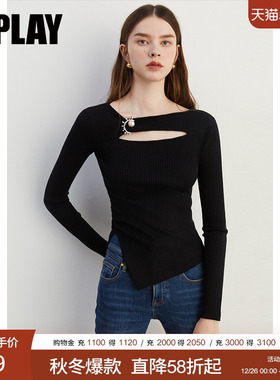 DPLAY2025秋季新款黑色毛衣女镂空修身针织衫时尚小衫上衣打底衫