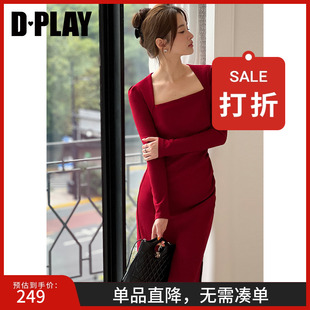 敬酒服裙子女 DPLAY女装 法式 红色美背方领长袖 连衣裙订婚服修身