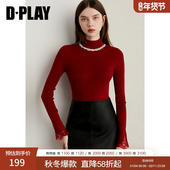 新款 红色半高领闪钻针织衫 时尚 DPLAY2025年秋季 袖 口蕾丝上衣女