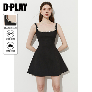新款 DPLAY2025夏季 黑色连衣裙女珍珠方领小黑裙礼服裙短裙A字裙