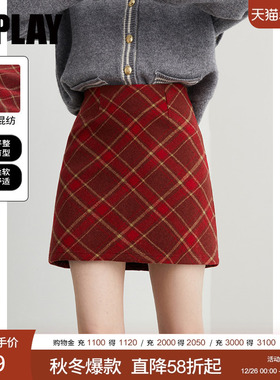 DPLAY【惠品】2025冬季红色半身裙女短款格子裙加厚呢子短裙A字裙
