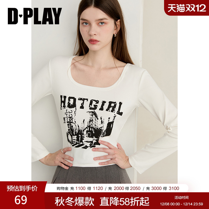 DPLAY【惠品】2025年秋季白色T恤衫女图案字母印花时尚上衣