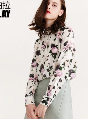DPLAY德帕拉夏款欧美浅绿色山茶花印花衬衫通勤OL缎面上衣
