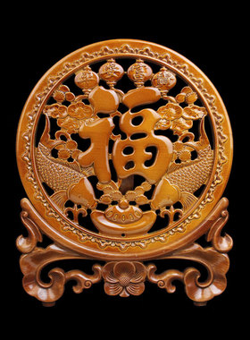 桃木福字麒麟龙凤呈祥吉祥如意双鱼福摆件木雕家居玄关装饰工艺品