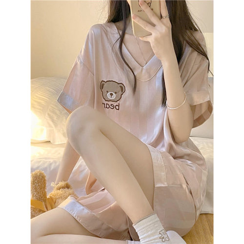 美梦新款睡衣女夏季冰丝薄款网红仿真丝短袖甜美丝绸夏家居服套装