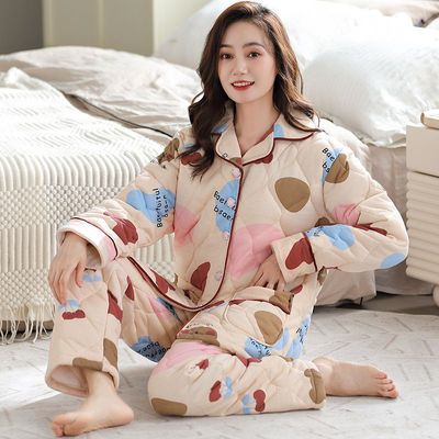 美梦纯棉夹棉睡衣女冬季加厚三层保暖棉袄大码中年秋冬天家居服