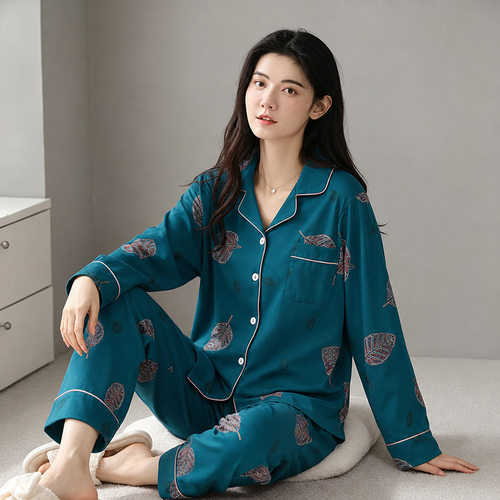 美梦纯棉睡衣女春秋季新款长袖长裤中老年家居服套装宽松大码可外