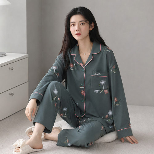 美梦女士睡衣春秋季新款长袖纯棉开衫翻领中老年家居服套装可外穿