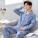 浪莎100%纯棉睡衣男春秋长袖 开衫 翻领中年家居服全棉男士 睡衣套装