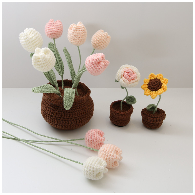 郁金香手工编织花束永生花盆栽桌面摆件毛线diy材料包成品定制